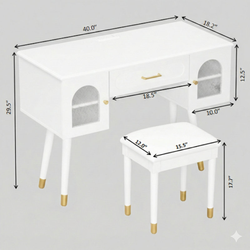 Elegant Vanity Makeup Table And Chair Set. A Modern Dressing Table With An Organizer, Can Also Function As A Writing Desk, And Includes A Charging Port, In White.