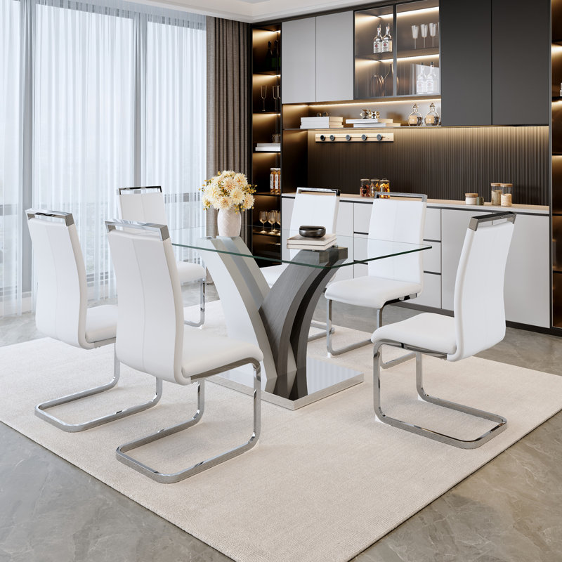 Aurelia Modern 63" Tempered Glass Dining Set - PU Leather Chairs with Chrome Cantilever Base, White/Silver