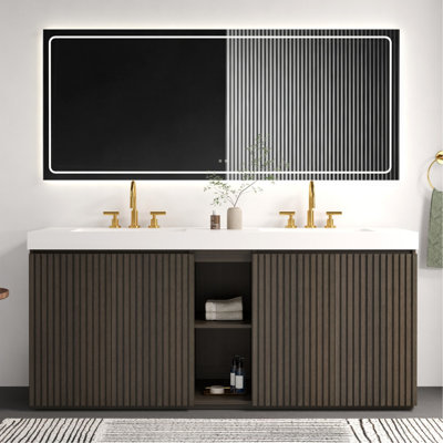 Meuble-lavabo de salle de bain en chêne fumé de 183 cm (72 po) avec lavabo, grand meuble-lavabo autoportant de rangement pour salle de bain moderne, lavabo noir monobloc sans bonde ni robinet, LTL