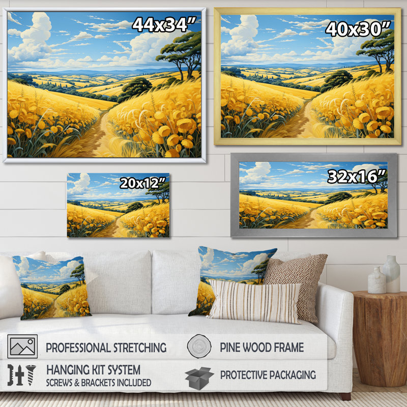 Countryside Wheat And Sky II - Landscapes Canvas Wall Art, H 12 po x l 20 po x P 1 po, Cadre flottant blanc