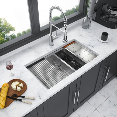 Double Bowl(60/40) Undermount Sink- 32"X19"X10" Double Bowl Kitchen Sink 16 Gauge With Two 10" Deep Basin