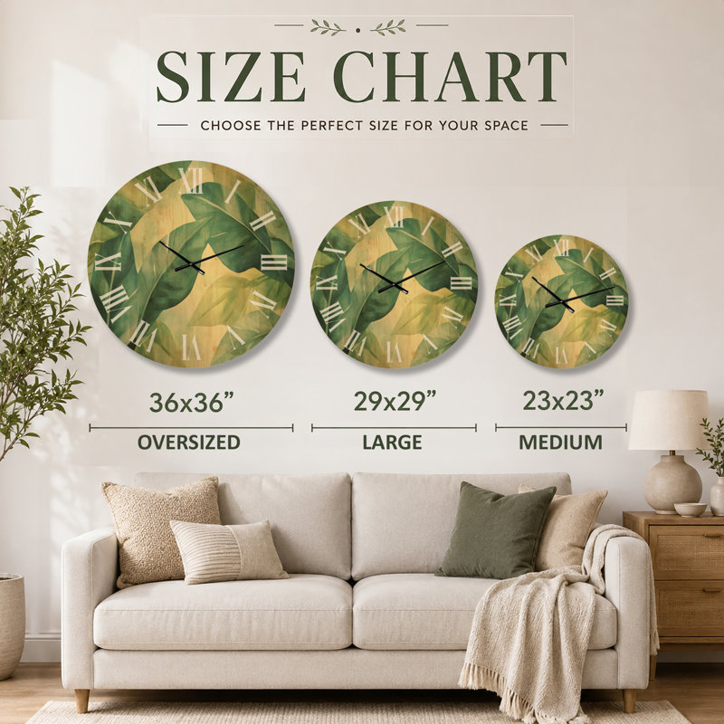 Très grande horloge murale en bois imprimé de verdure - chuchotement tropical clair, Medium