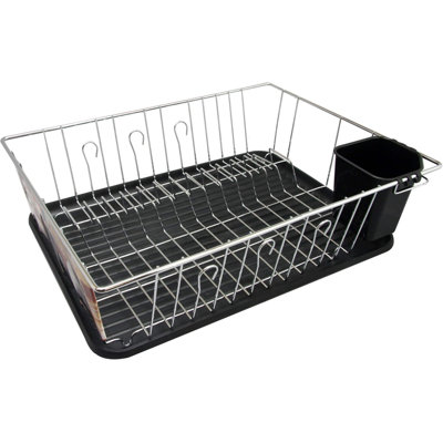 16 Inch Countertop Dish Drying Rack With Drain Tray & Cutlery Holder, Chrome Plated Kitchen Dish Rack, Black