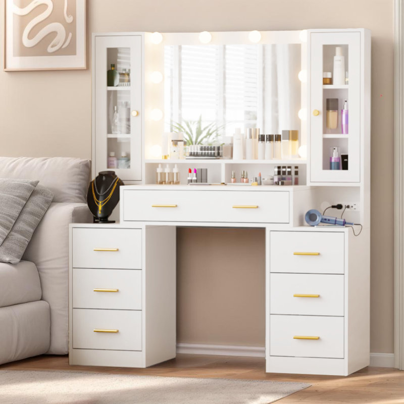 Grand meuble-lavabo de maquillage de 49 po avec prise de courant, miroir, lumières réglables, 7 tiroirs et 2 armoires Mayara