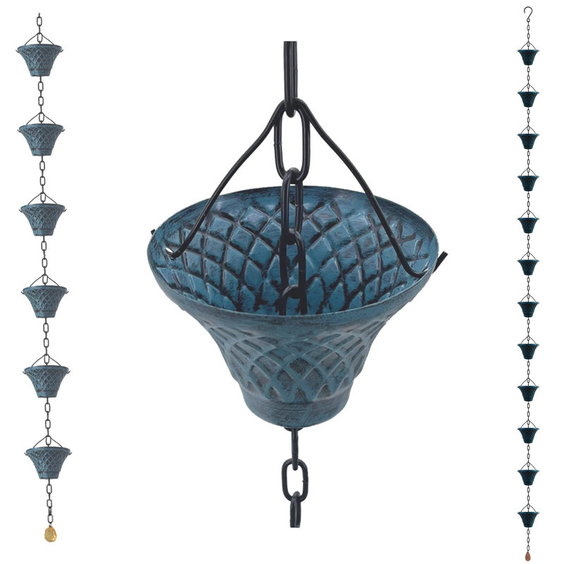 Chaîne de pluie de 8,5 pi en fer bleu ciel antique pour gouttières et barils de pluie, chaîne de pluie décorative résistante à la rouille pour jardin