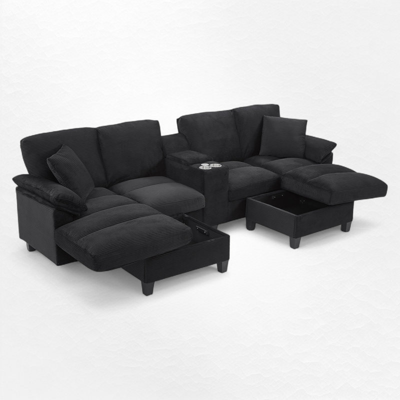 U-Shaped Upholstered Sectional Sofa With Storage And USB Ports, Black Corduroy