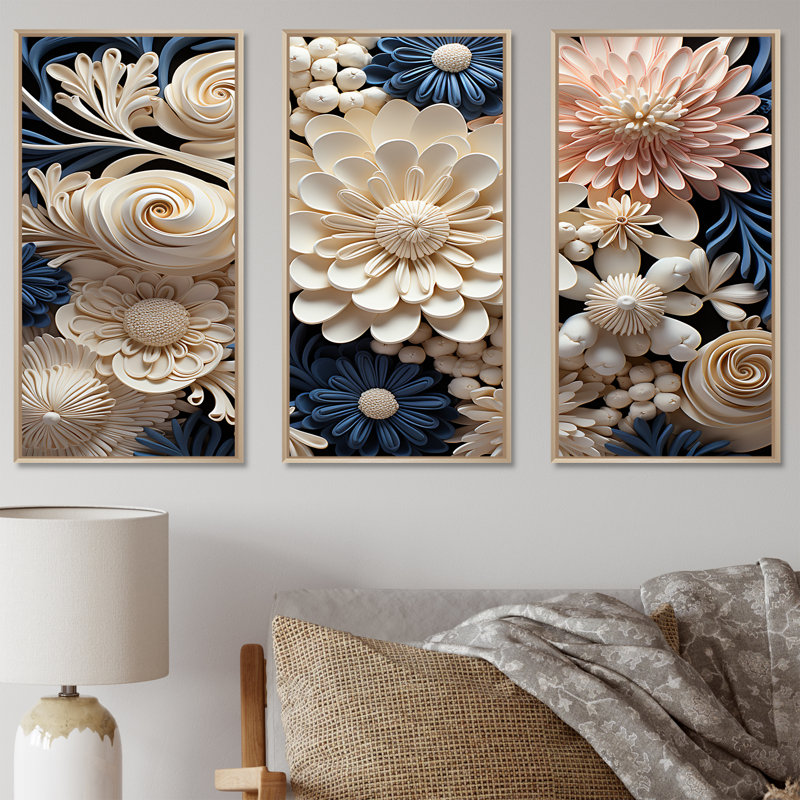 Ensemble de décorations murales corail blanc et bleu, H 28 po x l 36 po x P 1 po, Cadre naturel flottant