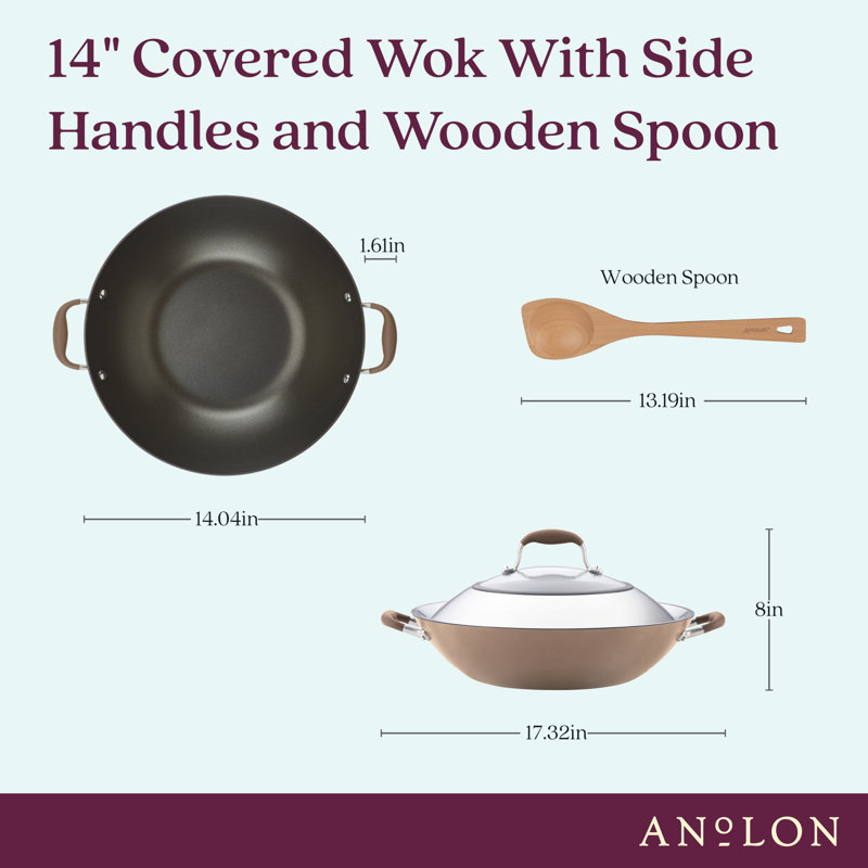 Anolon Advanced Home Hard Anodized Nonstick Wok with Side Handles, Lid, and Wooden Spoon, 14 Inch