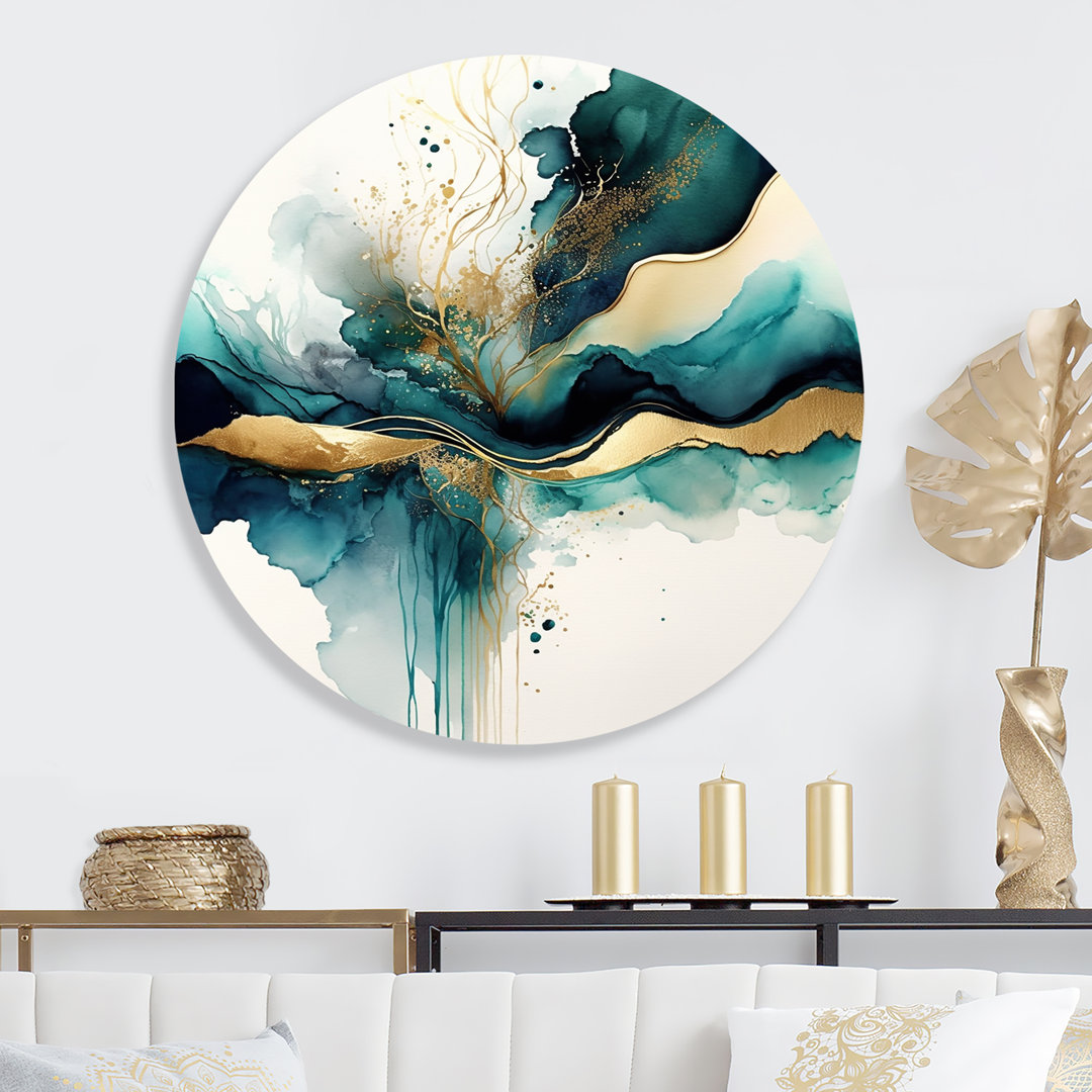 Lockard " Teal And Gold Abstract Expression III " Abstract Metal Circle Wall Art Decor Willa Arlo™ Interiors