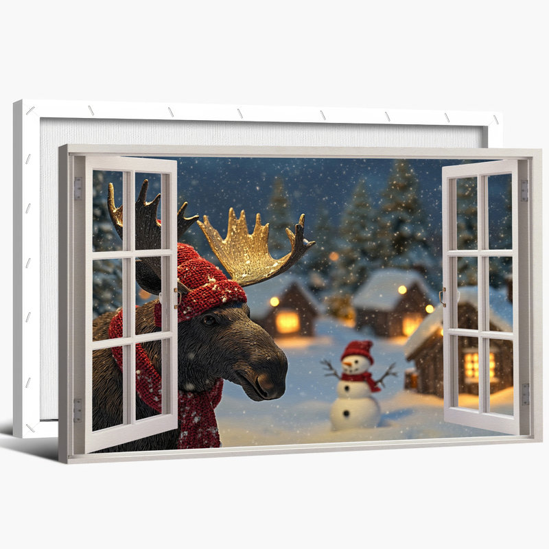 «Moose View Winter Wonderland», art mural - Scène d'hiver, décoration murale pour la joie de Noël, œuvre d'art du village des neiges pour le salon, impression murale sur toile encadrée, 24 po x 36 po