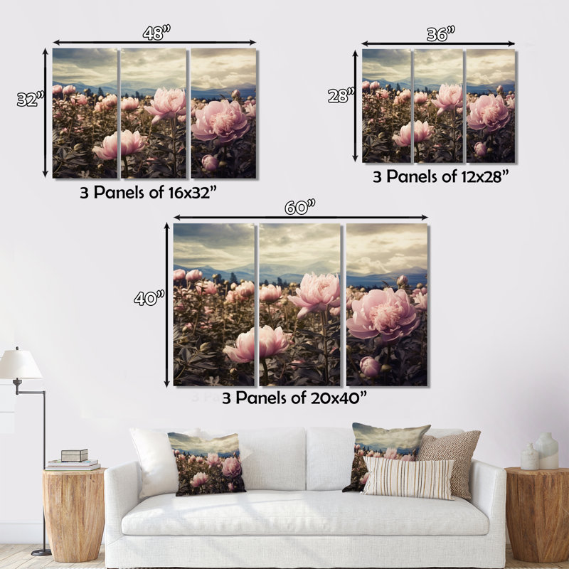 Champ de pivoines roses - ensemble de reproductions d'art mural en métal floral