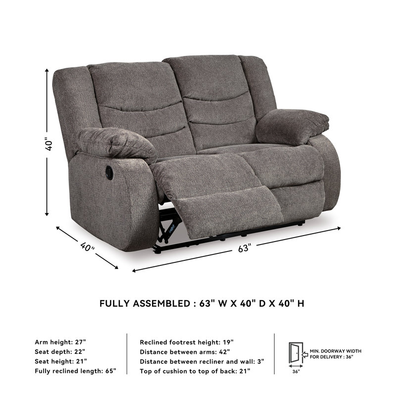 Upholstered Reclining Loveseat , Gray Polyester, 40" H x 63" W x 40" D
