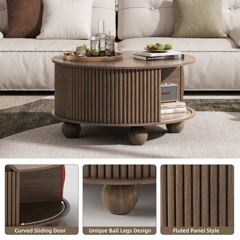 Round Coffee Table With Storage, Fluted Lift Up Coffee Table With Sliding Door, 31.5" Drum Center Table With Bun Feet For Living Room, Home Small Space, Walnut