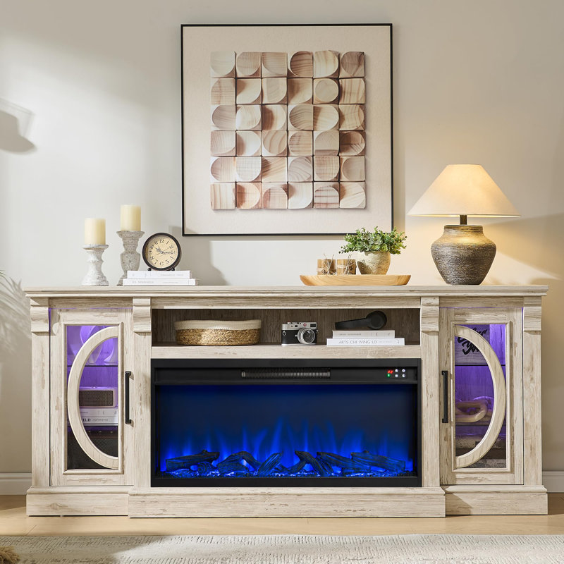 Meuble télé Crescent Fireplace, Blanc brossé ancien