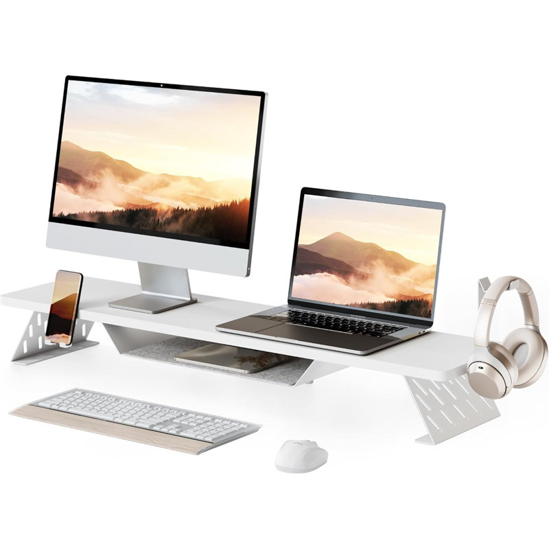 Support pour écran double, support pour écran de 42,5 pouces pour bureau, tablette de bureau en bois pour 2 écrans, tablette pour écran à 2 niveaux avec support pour téléphone