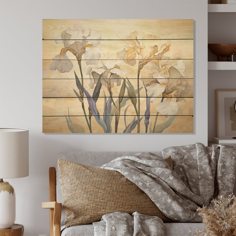 Beige Minimalism Irises Radiant Petals I - Irises Wood Wall Art On Natural Pine Wood, 10" H x 20" W