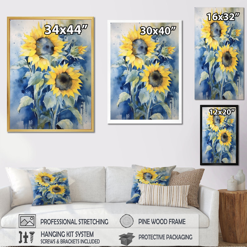 Jaune, bleu, tournesol doré, impression sur toile florale, H 32 po x l 16 po x P 1 po, Cadre argenté flottant