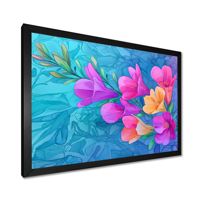 Symphonie lumineuse de fleurs de freesia roses et bleues II - Iris, art mural, Picture Framed Print, Black, 12" H x 20" W