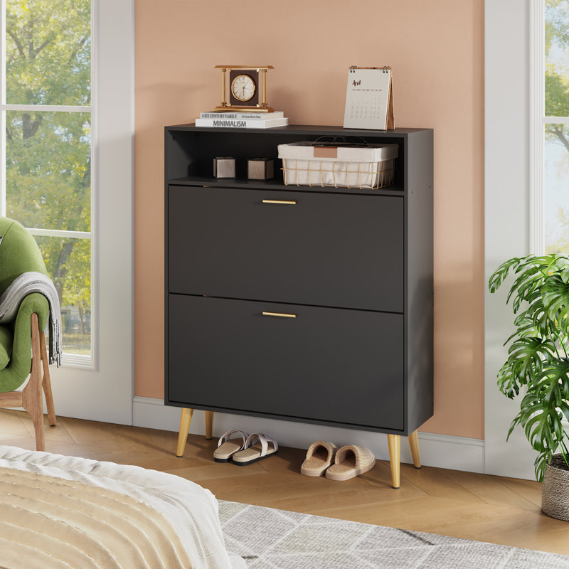 Modern 12 Pair Shoe Storage Cabinet with Doors,Adjustable Shelves, Black