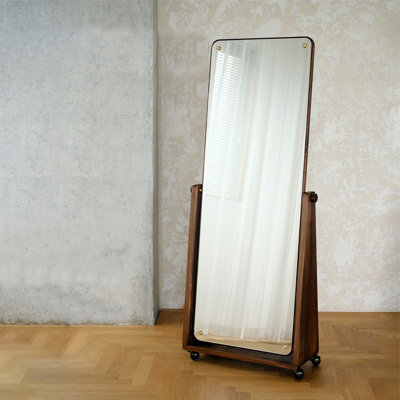 Retro Minimalist Solid Wood Frame Movable Rotating Full-Length Mirror
