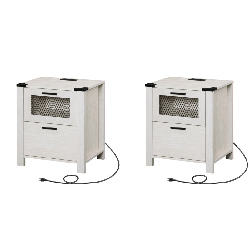 2 Pack Nightstand With Charging Station,Farmhouse End Table With 2 Drawers, Antique White