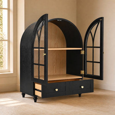Vitrine arquée avec portes en verre trempé, armoire de rangement en bois avec tiroirs, pieds en bois massif et finition grain de bois naturel