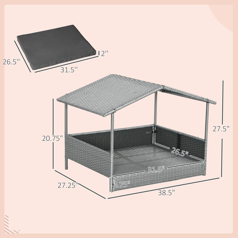 Niche pour chien en osier d'extérieur avec auvent, lit pour chien en rotin avec coussin résistant à l'eau, lit pour chien surélevé pour petites et moyennes races jusqu'à 66 lb, 20 po de longueur, osier argenté, coussin gris