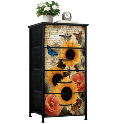 Dresser for Bedroom with 4 Storage Drawers Sunflower Farmhouse Flowers Butterfly Floral Vintage Dressers Chest of Drawers Steel Framed Fabric Closet Organizers for Dorm Entryway