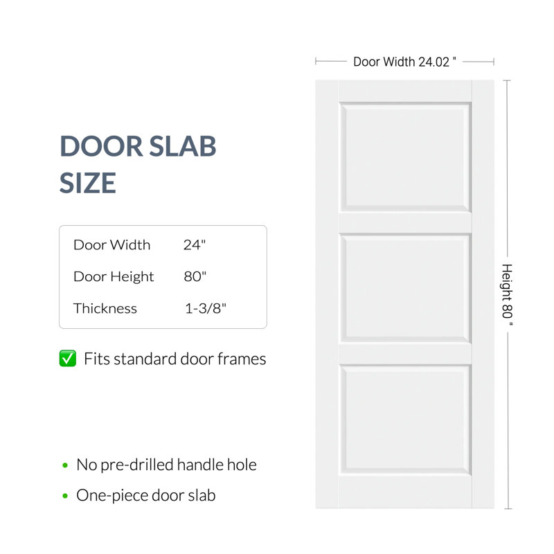 Panneau de porte intérieur 24 po x 80 po à 3 panneaux en bois apprêté, panneau classique, 24 po x 80 po