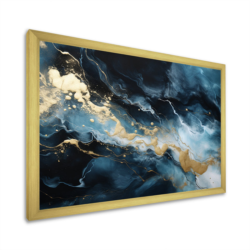 Or mystique marbré abstrait doré et bleu - décoration murale en marbre, Cadre doré à coins fermés, H 16 po x l 32 po x P 1 po
