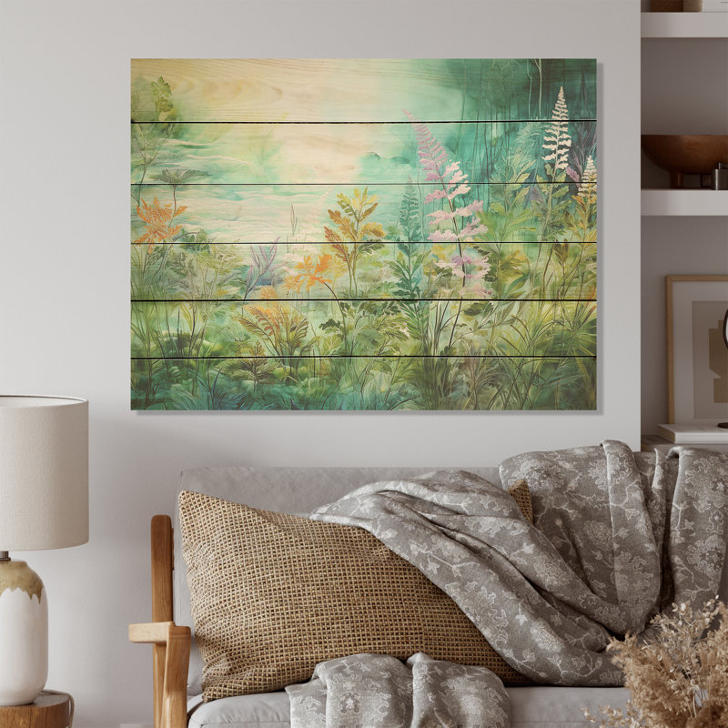 Ferns In The Wild Flowers Field I - Flower Field Wood Wall Art On Natural Pine Wood, 30" H x 40" W