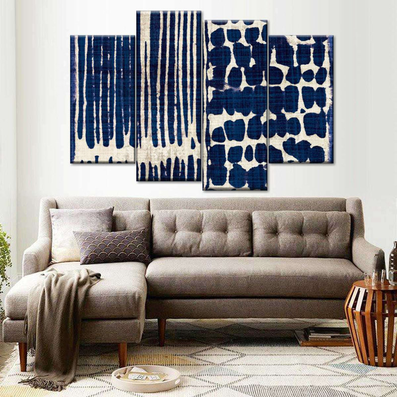 «Strokes And Lines Indigo Batik III» sur toile, reproduction de 4 pièces, H 22 po x l 36 po x P 1,25 po