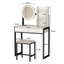 Bureau de meuble-lavabo pour chambre à coucher, miroir à DEL avec 3 modes d'éclairage, prise de courant, tiroir, tablette ouverte, petite assise rembourrée avec miroir réglable en mode, étagère de rangement intégrée et tabouret assorti blanc noir