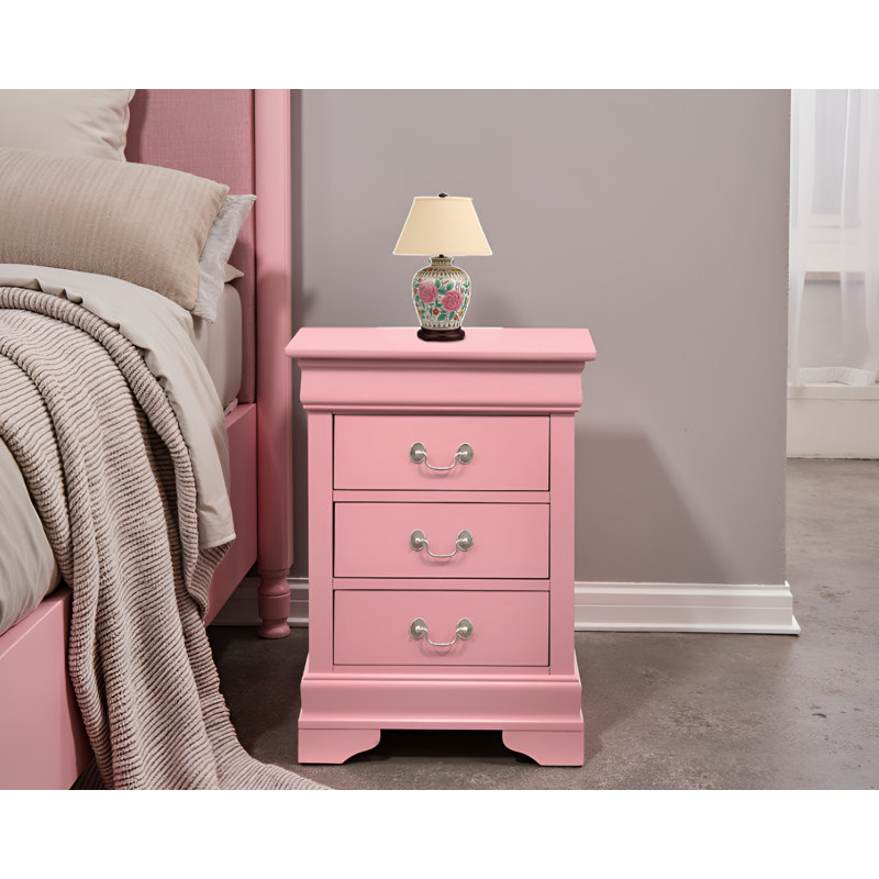 Sayre Pink 3 Drawers Nightstand, Pink