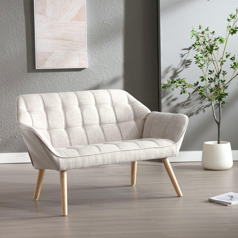 Loveseat, Beige Linen Blend, Natural Wood