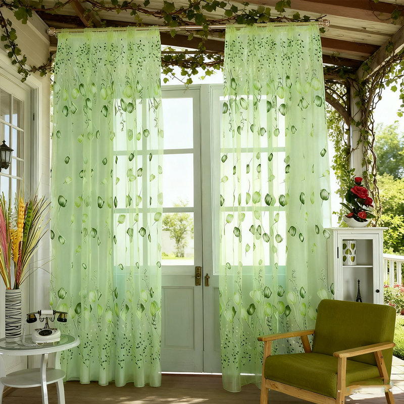 4 Panels Set Tulip Print Sheer Curtains For Living Room & Bedroom, Light Filtering Tulle Window Treatment (39.4X78.7 Inches), Floral Modern Decor