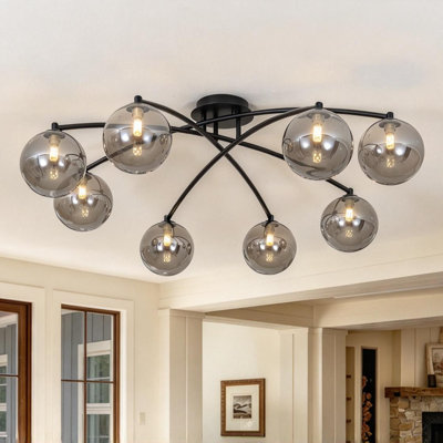 8 - Light 43.3'' Smoky Glass Shade Sputnik Semi- Flush Mount Ceiling Light
