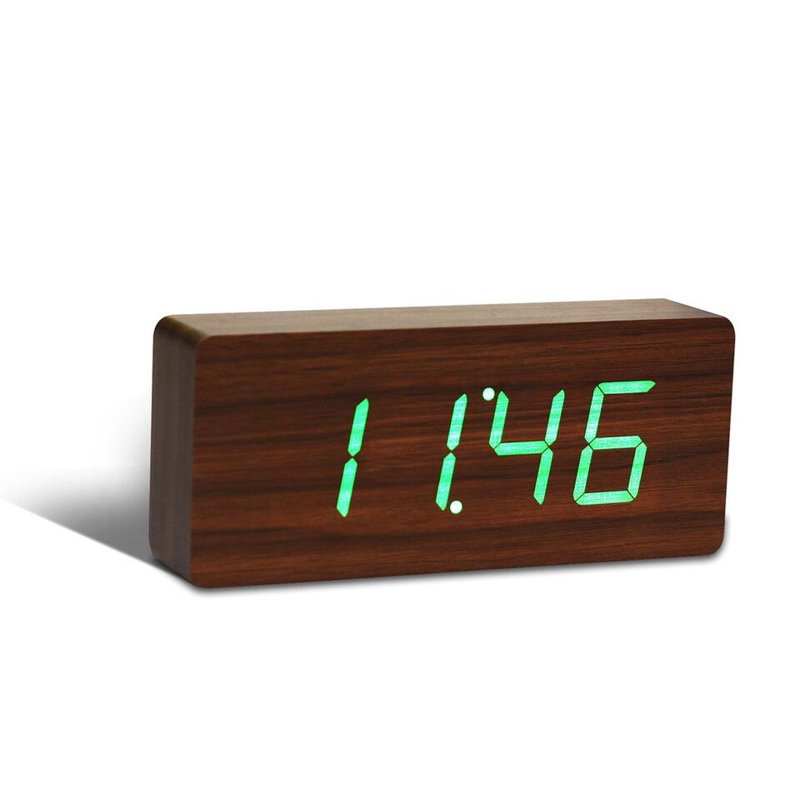 Modern & Contemporary Digital Wood Electric Tabletop Clock with Alarm, Walnut with Green LED Display