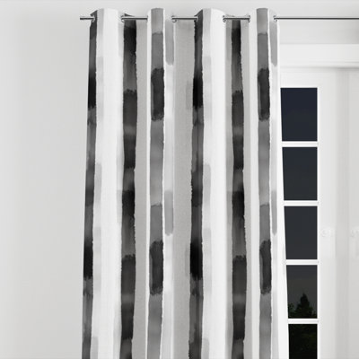 Modern Velvet Curtains - Striped Black And White Smoke Lines Grommet Curtain - 1 Panel