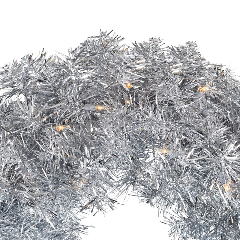 Pre-Lit Artificial Tinsel Christmas Wreath - 24" - Clear Lights, Silver