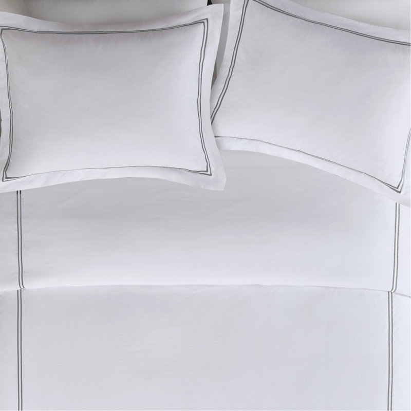 King/Cal King 100% Cotton Sateen Embroidered Comforter Set, Édredon double/grand + 4 pièces additionnelles, Gris / Blanc