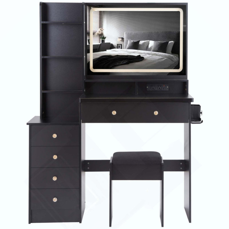 Ensemble de meuble-lavabo de grande taille avec commode de chevet gauche + ensemble de commode avec tabouret coussiné, 2 blocs d'alimentation AC + 2 USB, support pour séchoir à cheveux, très grand miroir à DEL tactile, interrupteur 3 couleurs, certificat EPA, GCC, UL