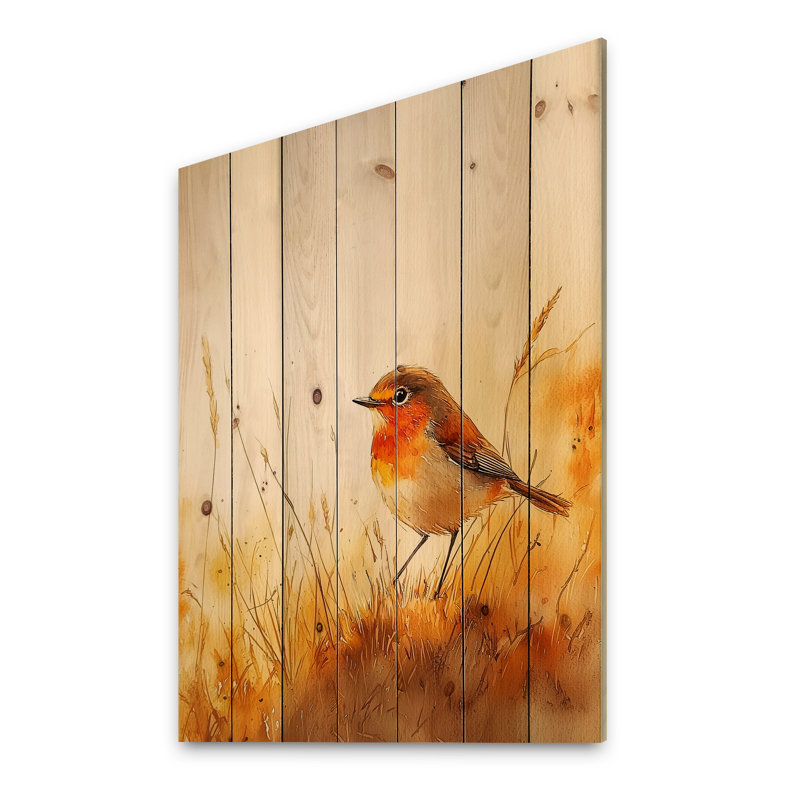 Robin Bird In The Meadow - Bird Wood Wall Decor - On Natural Pine Wood, 20" H x 10" W x 0.78" D