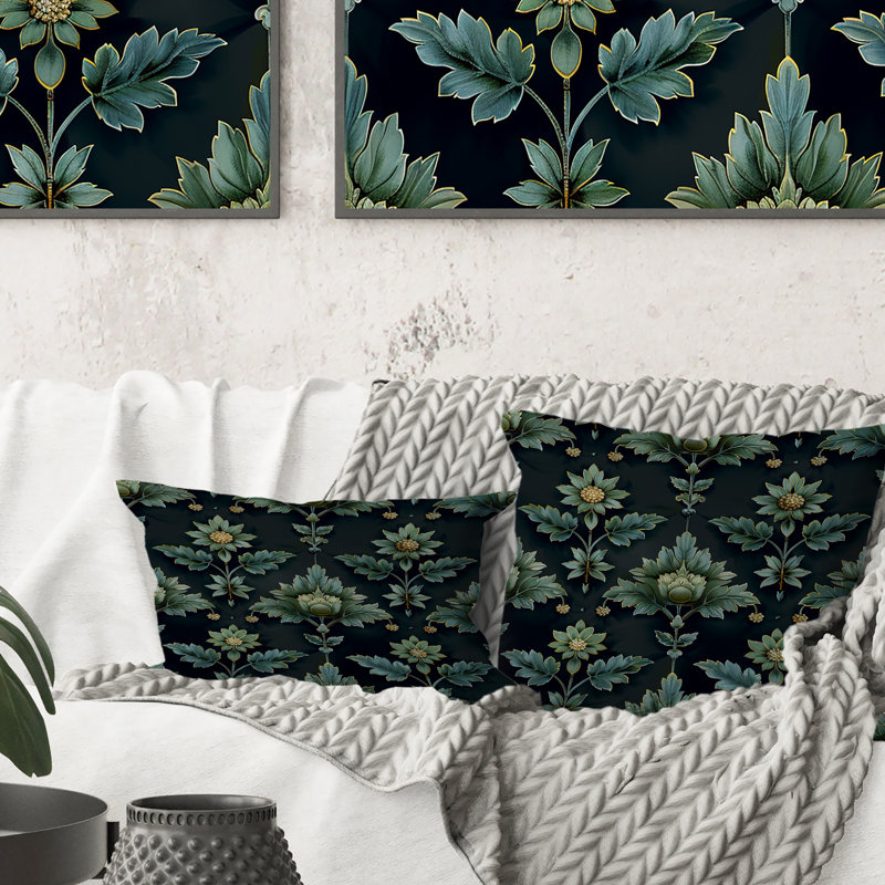 Vert, jaune, floral, vignes I - Coussin décoratif moderne, H 16 po x l 16 po