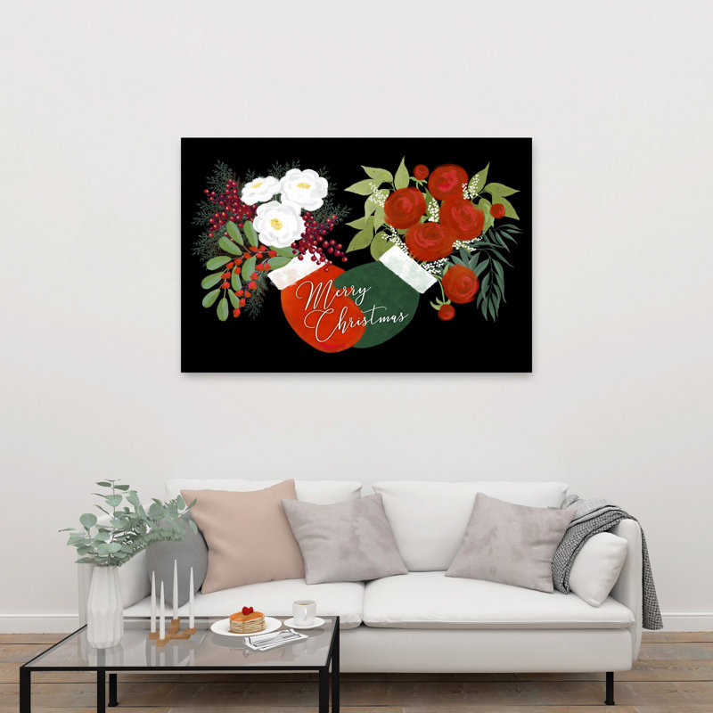 Merry Christmas Floral Abstract Contemporary Winter Flower Wall Art Print 1 Piece Wrapped Canvas Wall Art