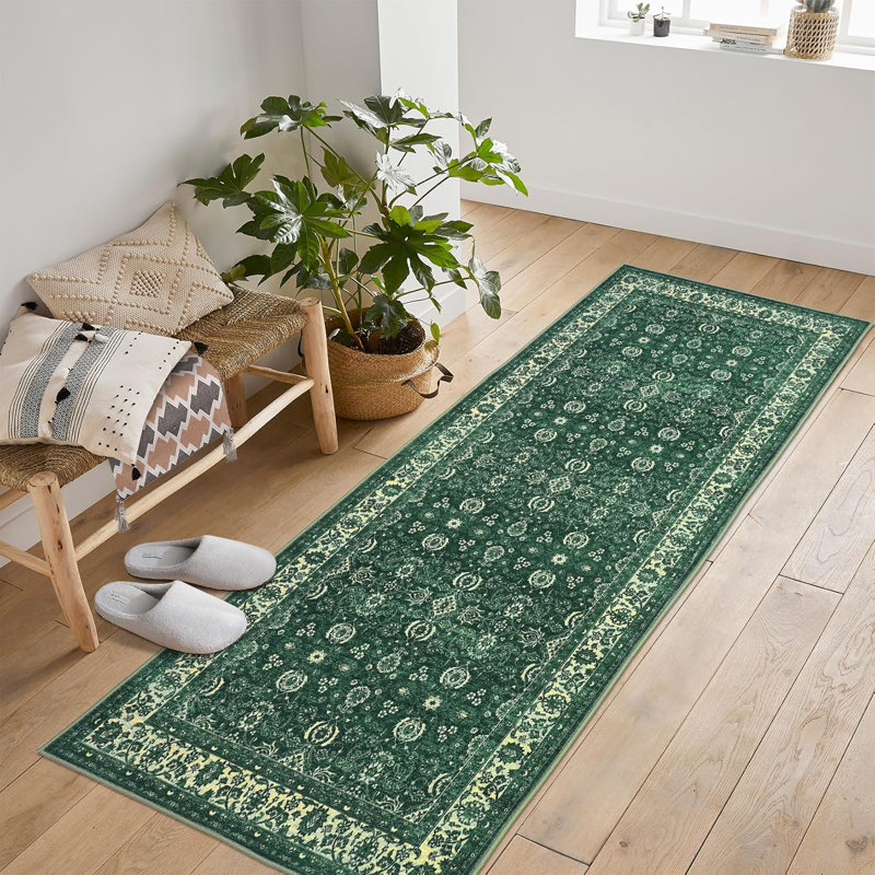 Non-Slip Washable Kitchen & Hallway Runner Rug, Low Pile Vintage Floral, Stain Resistant, Runner 1'9" x 6'