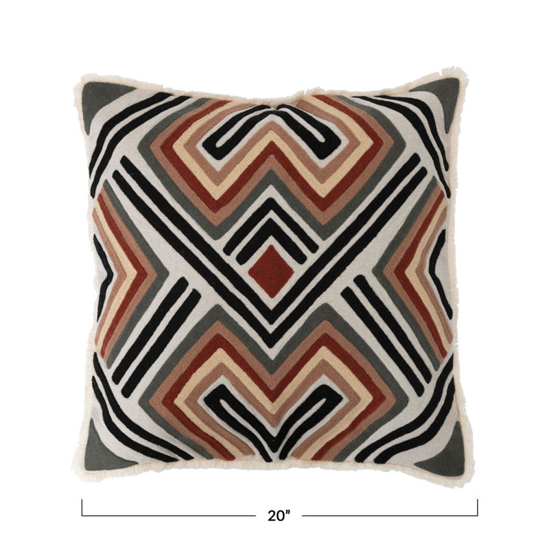 20" Square Beige Cotton Embroidered Pillow with Fringe