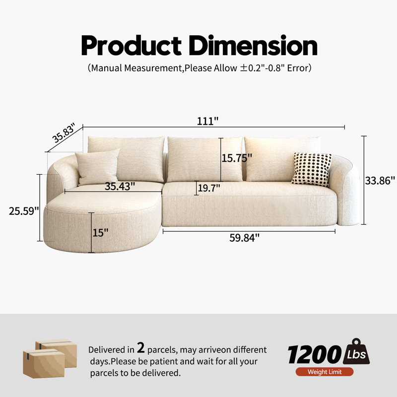 111" Modular Sectional Couches Luxury Modern Curved Back Sofa,Minimalist Comfy L-Shape Boneless Cloud Couch for Living Room Apartment,(Left Facing Chaise,White)