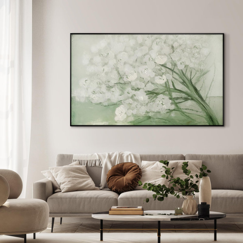 Doux fleur blanche sur fond vert, impression sur toile encadrée (assemblage requis), H 36 po x l 60 po