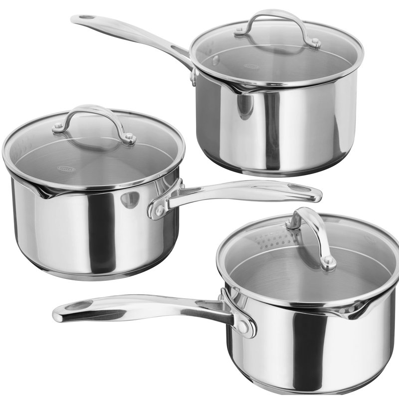 Stellar 7000 Set of 3 Stainless Steel Pans, 16/18/20cm with Glass Draining Lids